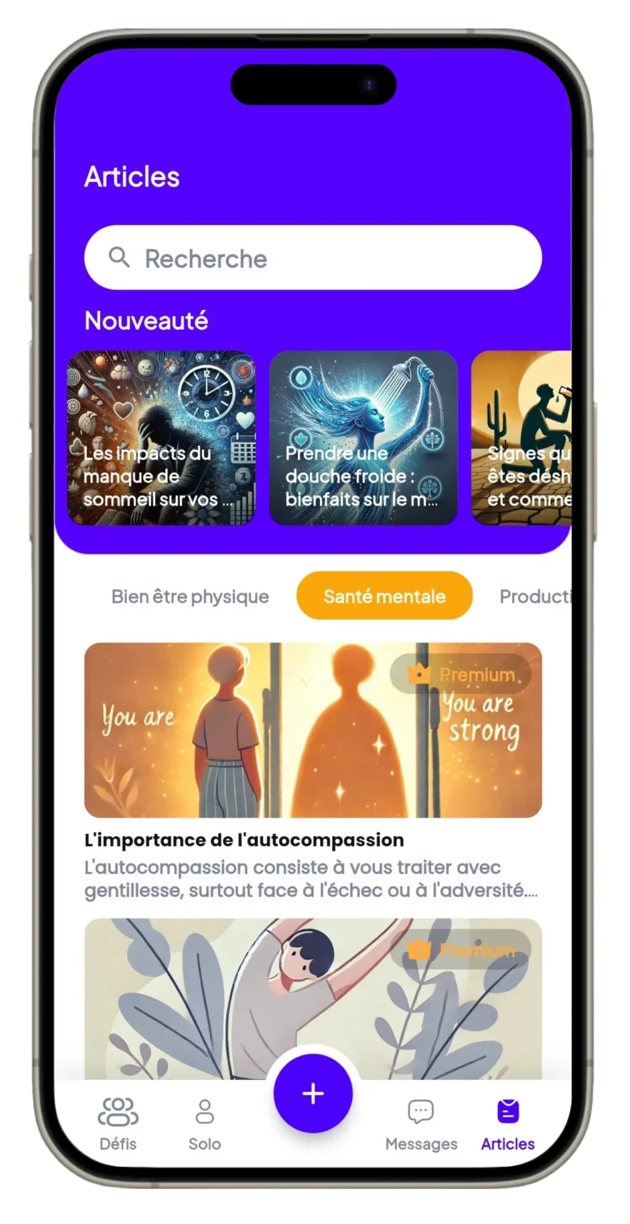 Capture d'écran de l'application de défis entre amis Hélios Method. L'interface présente une section de recherche d'articles avec des nouveautés. On y trouve des catégories comme 'Bien-être physique' et 'Santé mentale', ainsi que des illustrations inspirantes et des conseils sur la gestion des émotions.
