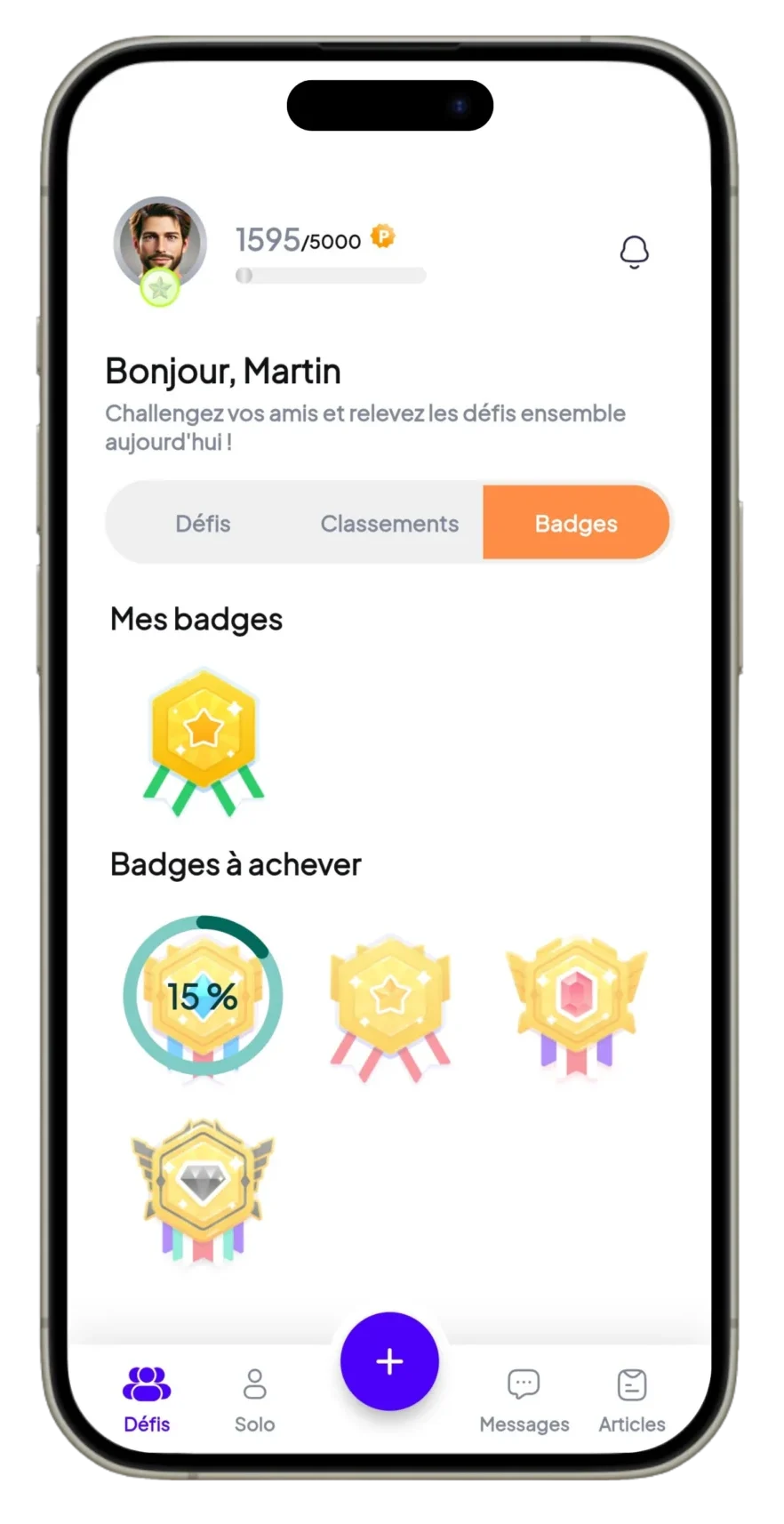 Capture d'écran de l'application de défis entre amis Hélios Method affichant le profil d'un utilisateur. L'interface affiche un message de bienvenue, le nom de l'utilisateur, ainsi que ses badges acquis en bas de l'écran, avec également des badges à atteindre, illustrés par des médailles colorées.