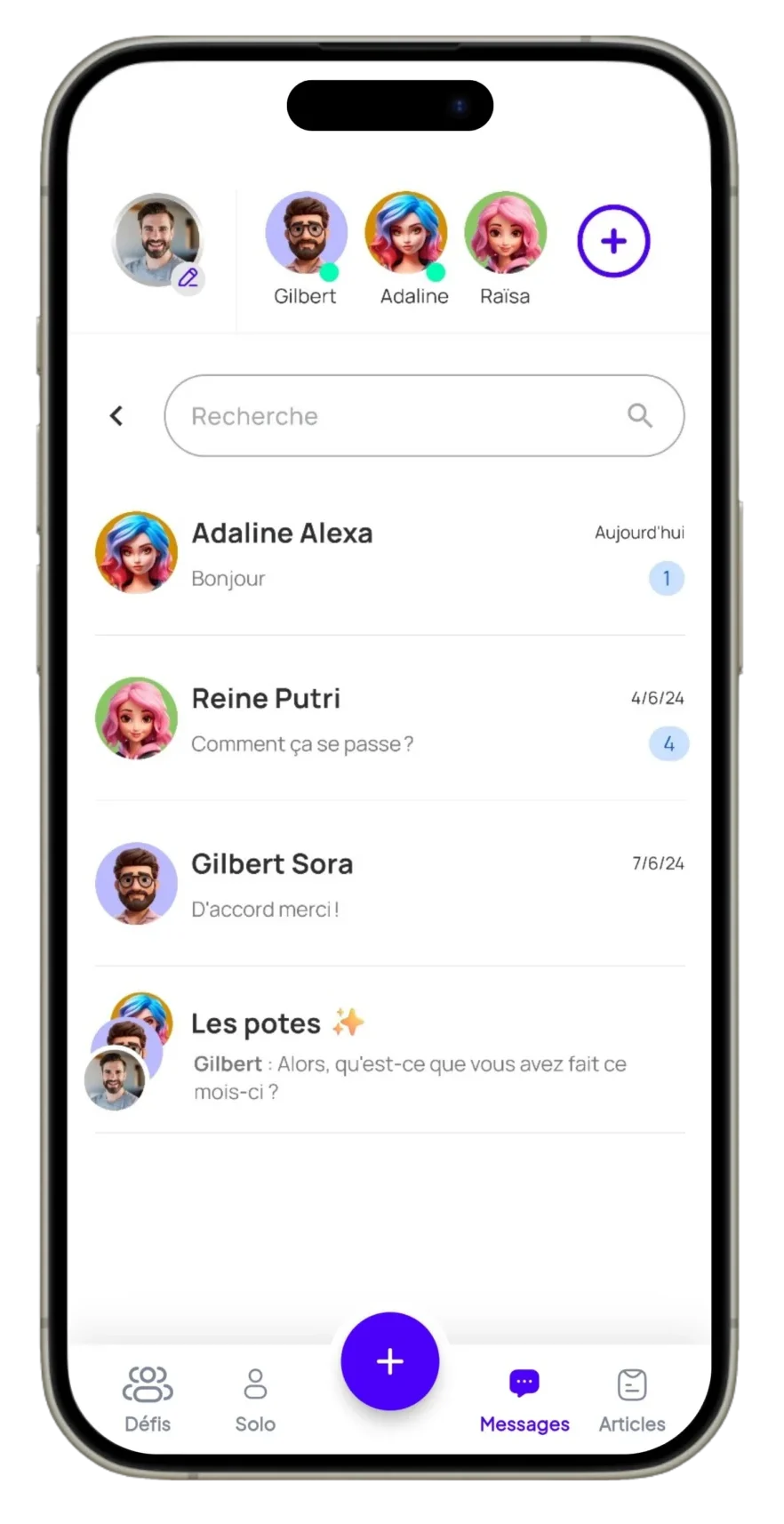 Capture d'écran de l'application de défis entre amis Hélios Method, affichant une liste de conversations. En haut de l'écran, des icônes de profil avec des photos de différentes personnes. En dessous, un champ de recherche et plusieurs messages, incluant des échanges entre utilisateurs.