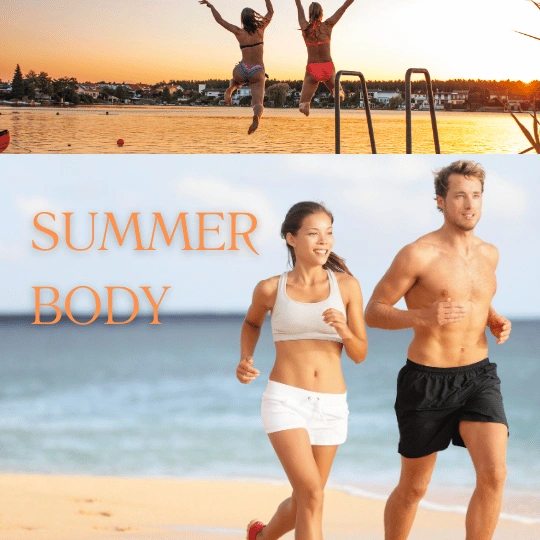Deux amis courent sur la plage dans le cadre d’un défi summer body, illustrant l’importance des défis entre amis pour rester motivé et actif avant l’été.