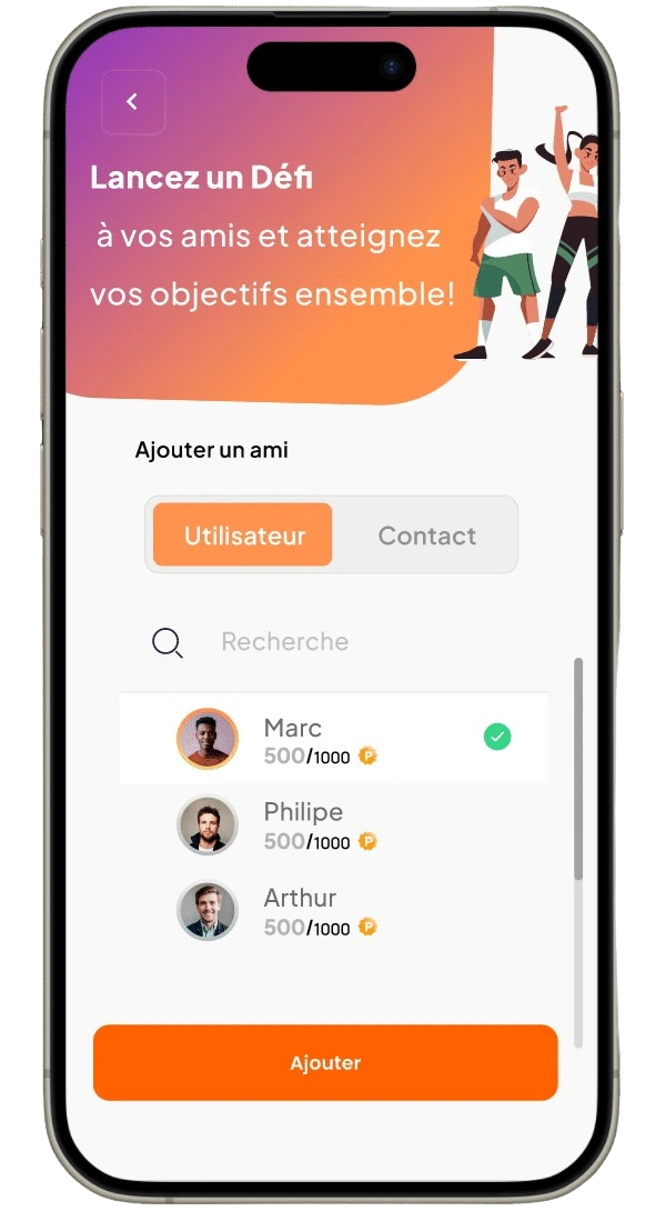 Interface d'Hélios Method montrant un défi entre amis pour atteindre ses objectifs avec Hélios Method. Les utilisateurs peuvent ajouter des amis, tels que Marc, Philippe, et Arthur, pour participer à un défi collectif.