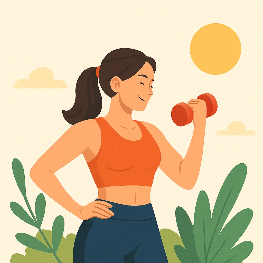 Illustration d'une femme souriante faisant du sport avec un haltère sous le soleil, symbolisant la motivation pour préparer son summer body avant l'été.