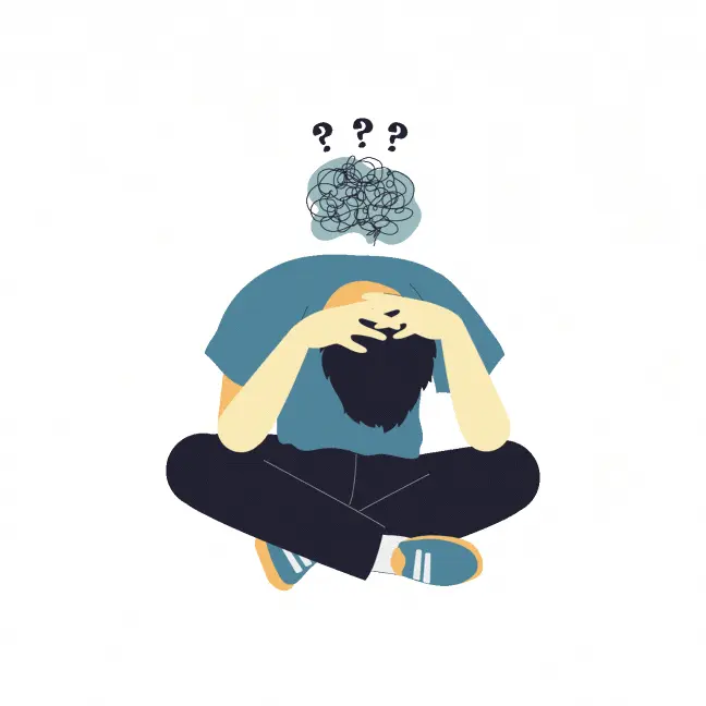 Personne assise, la tête dans les mains, avec un nuage confus et des points d’interrogation, illustrant la procrastination et l’indécision