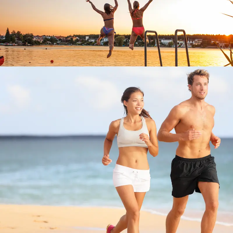 Deux amis courent sur la plage dans le cadre d’un défi summer body, illustrant l’importance des défis entre amis pour rester motivé et actif avant l’été.