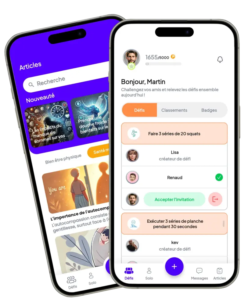 Interface mobile de l'application Hélios Method montrant un défi entre amis. L'écran affiche la section "Défis" où les utilisateurs peuvent relever des challenges sportifs avec leurs amis, illustrant la fonctionnalité principale de défier entre amis avec Hélios Method.